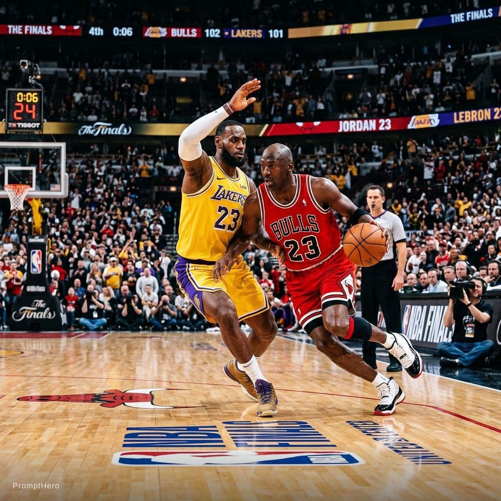 AI generated: Lebron James and Michael Jordan in cluchtime in NBA Finals 