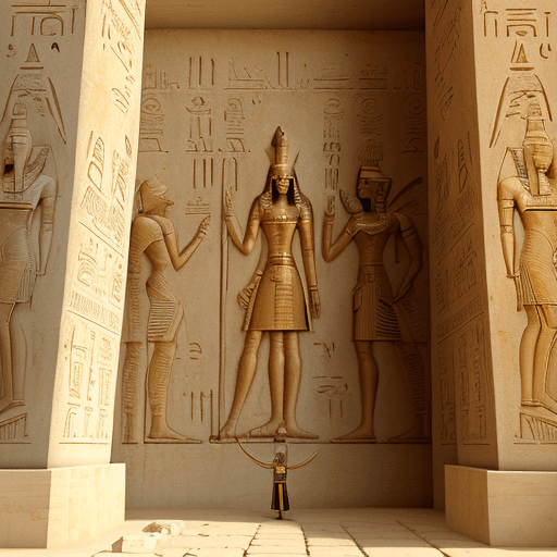 AI generated: Pharaoh Seti inspecting the construction of the great temple at Abydos, surrounded by priests and ar...