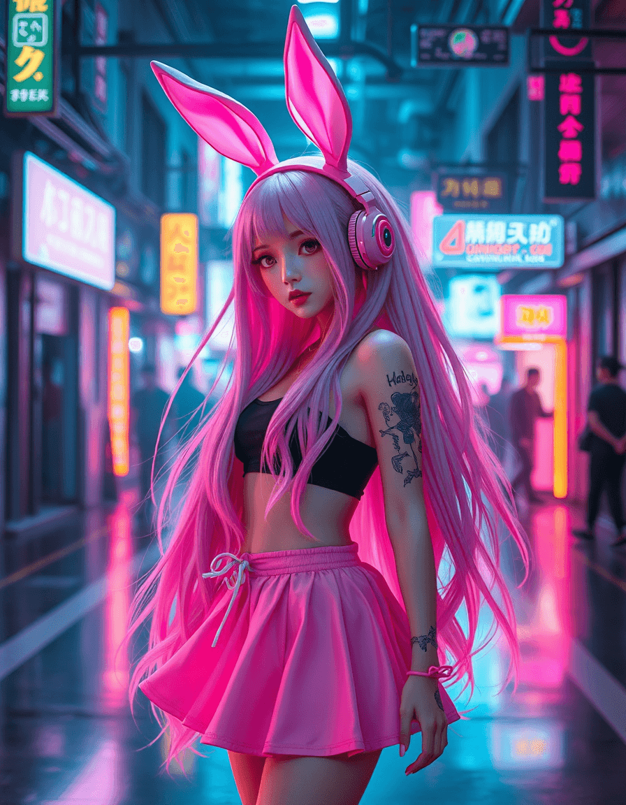 AI generated: The pink bunny girl in the cyber world is a cyberpunk (full body photo), with beautiful long hair, w...