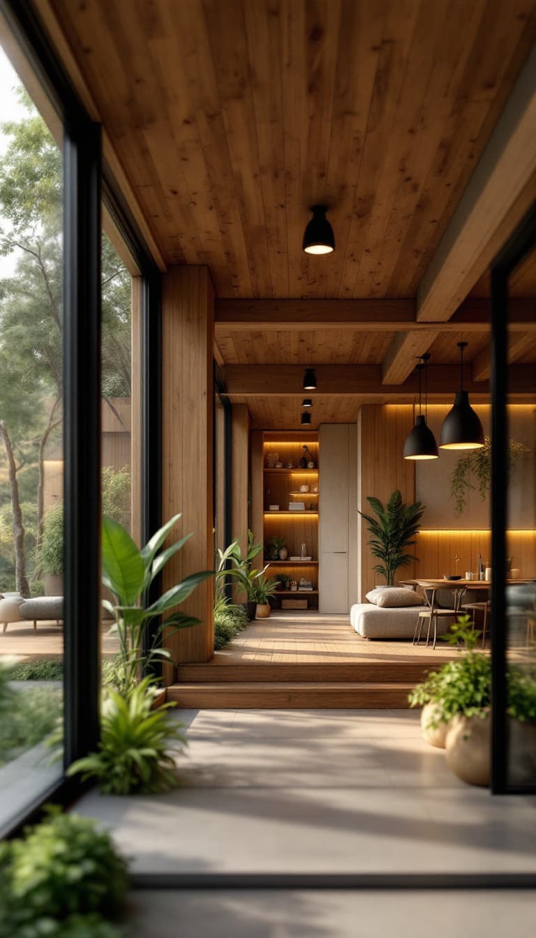AI generated: Eco-friendly building, reclaimed wood accents, bamboo flooring, low-carbon concrete, green roofs, li...