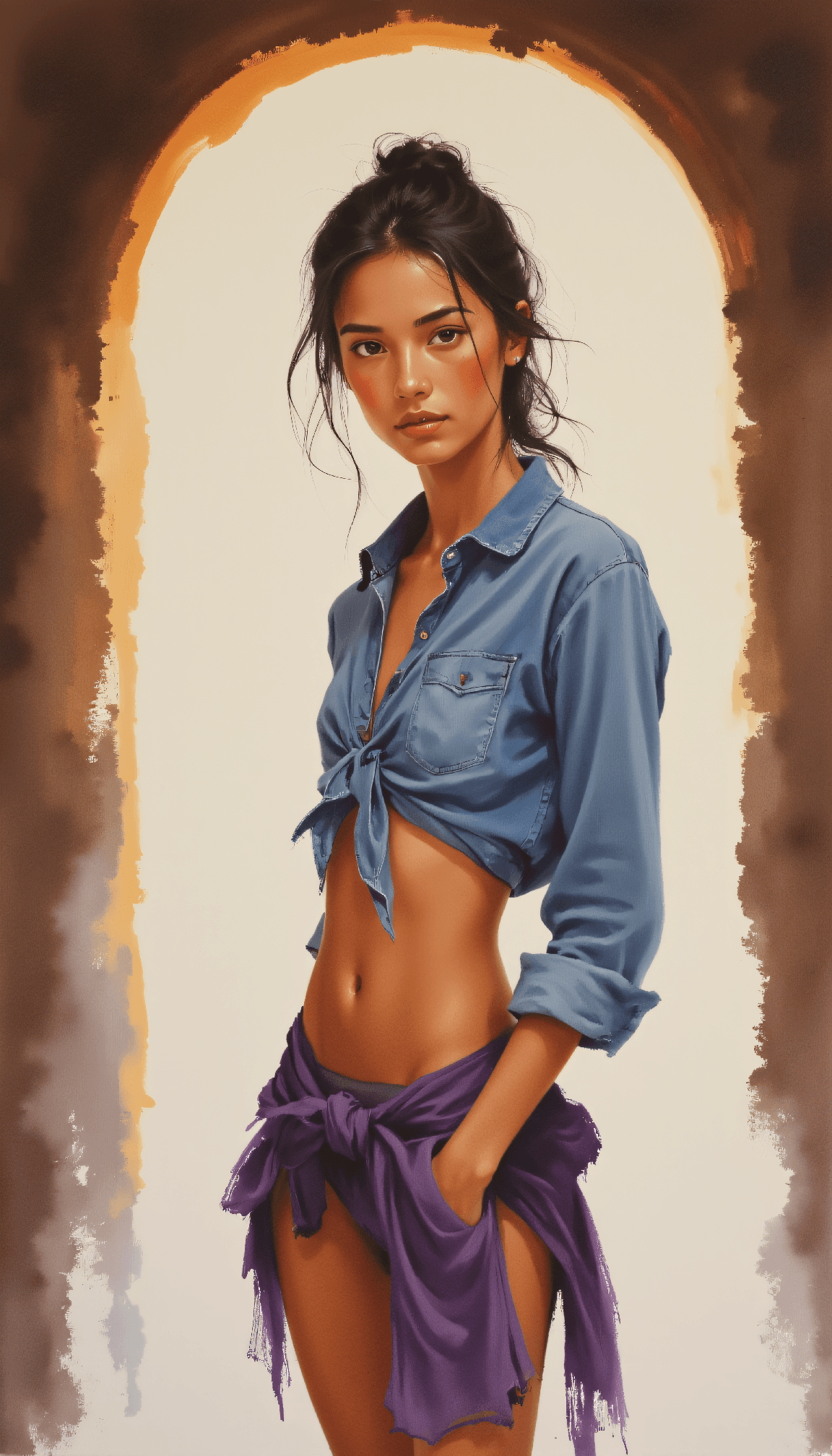 AI generated: Alla prima painting with wet-on-wet technique of a female athlete in a sunlit archway, wearing a tie...