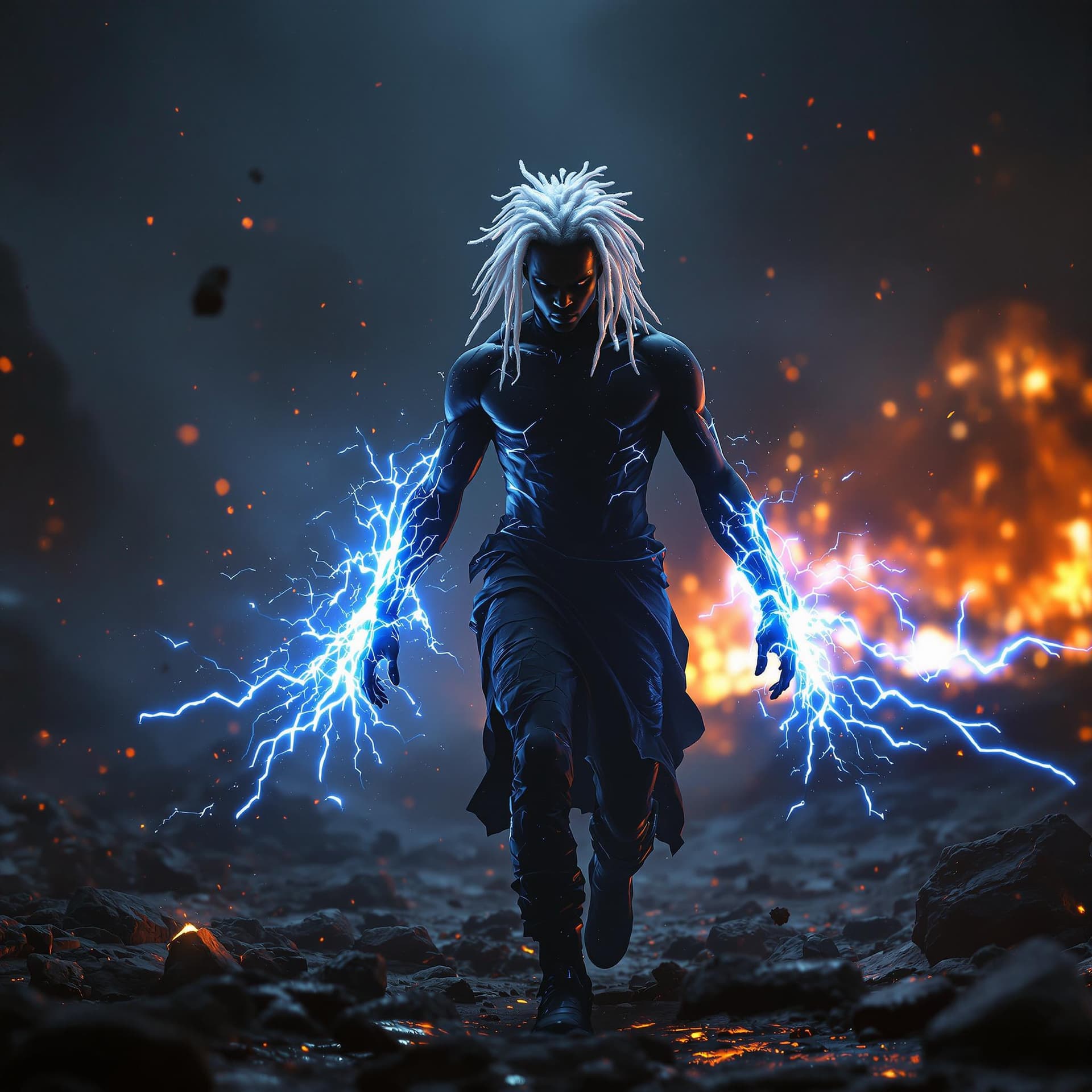 AI generated: front view of a PHOTOrealistic african american superHERO with white glowing short dreadlocks, his b...