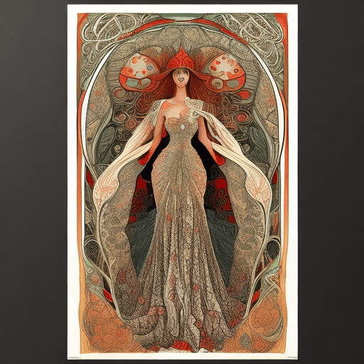 AI generated: (masterpiece best quality) aminita muscaria mushroom goddess inspired by Alphonse Mucha, wearing a l...