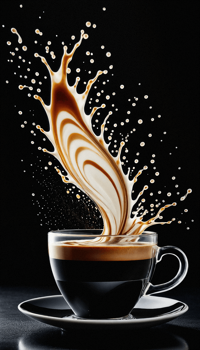 AI generated: The image captures a splash of coffee and cream inside a cup.. The suspended droplets and the smooth...