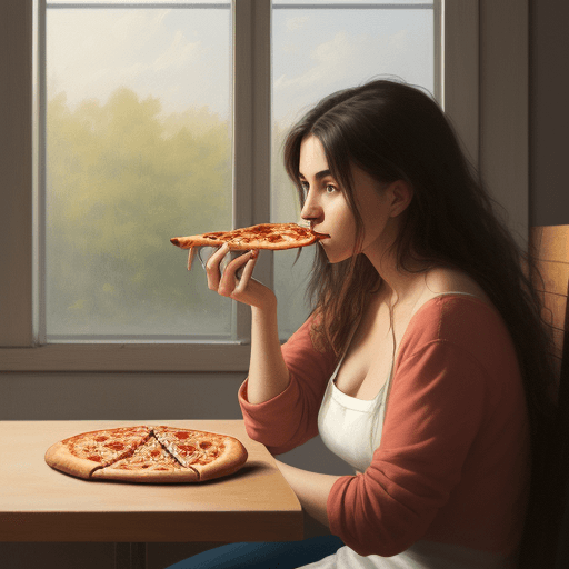 AI generated: A painting of a woman, sitting while eating pizza, natural lighting, highly details, natural look, m...
