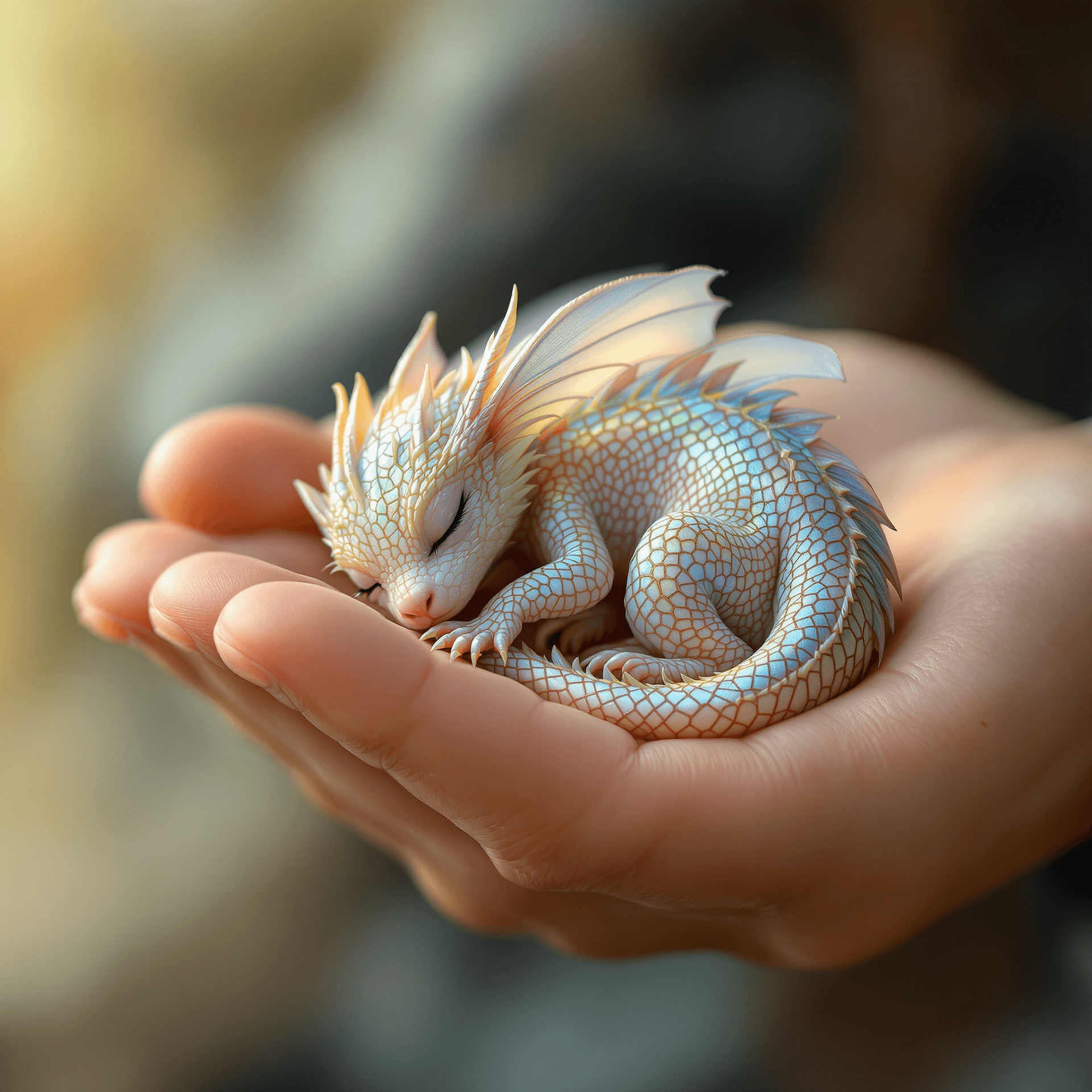 AI generated: An intricately detailed, tiny baby dragon, curled up peacefully, sleeping in the palm of a human han...
