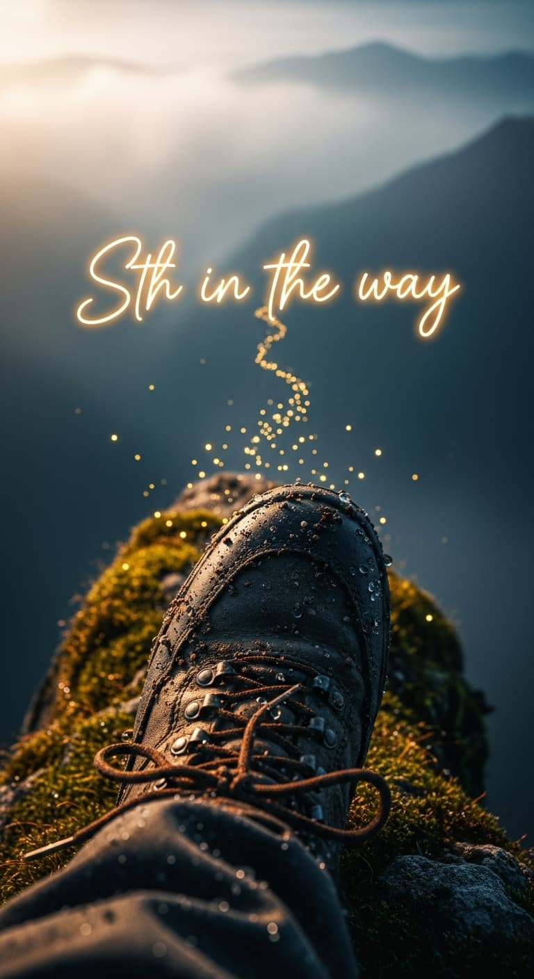 AI generated: POV,Macroview of a shoe on an edge of a Mountain,typography ‘sth in the way’ is shaped by fireflies ...