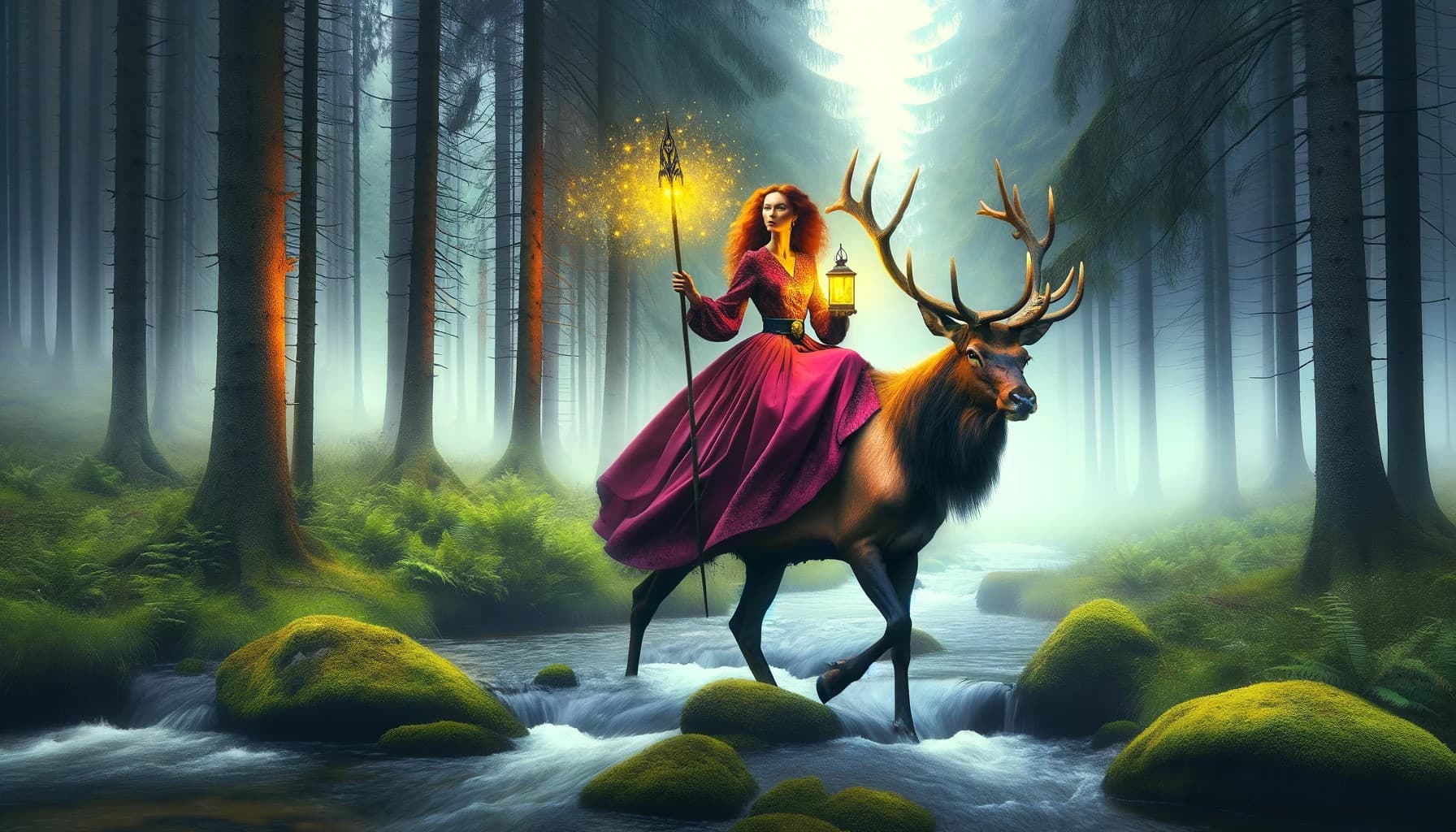 AI generated: In the foggy Bialowieza primeval forest, a graceful Belarusian lady with stunning auburn hair and do...