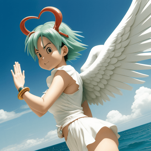 AI generated: Toriyama Akira's comic Bulma in Summer clothes, with white angel wings behind him and an angel ring ...