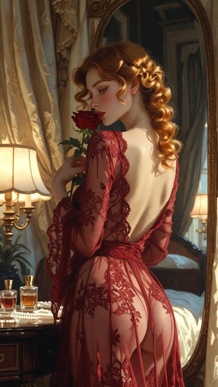 AI generated: In a softly lit boudoir of cream and gold, a striking red-haired woman stands before a tall oval mir...