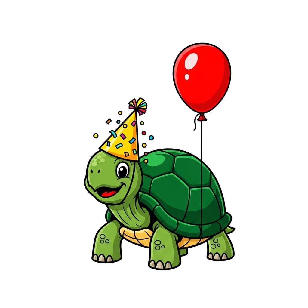 AI generated: Cartoon turtle with Yellow party Hať And teď baloon. Nothing more, White background.