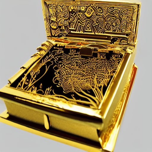 AI generated: Generate a 3D image of a book-shaped safe, completely covered in gold with an intricate and futurist...