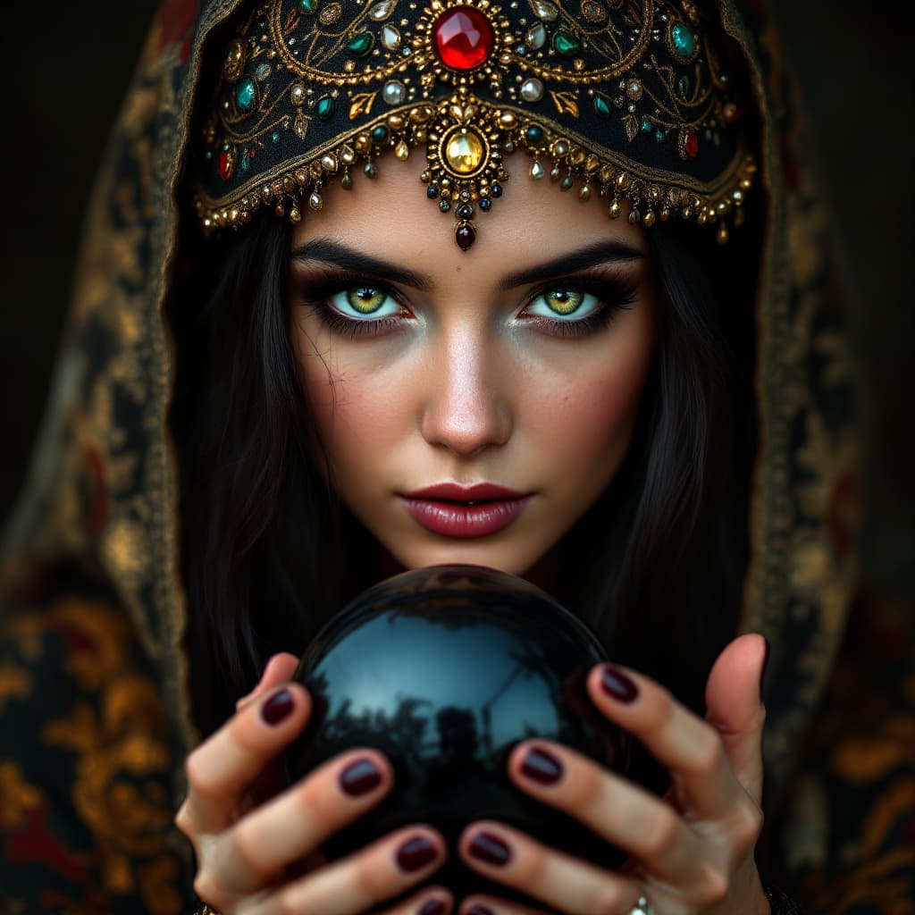 AI generated: hyper realistic photograph of A female fortune teller with long dark hair and green eyes, wearing an...