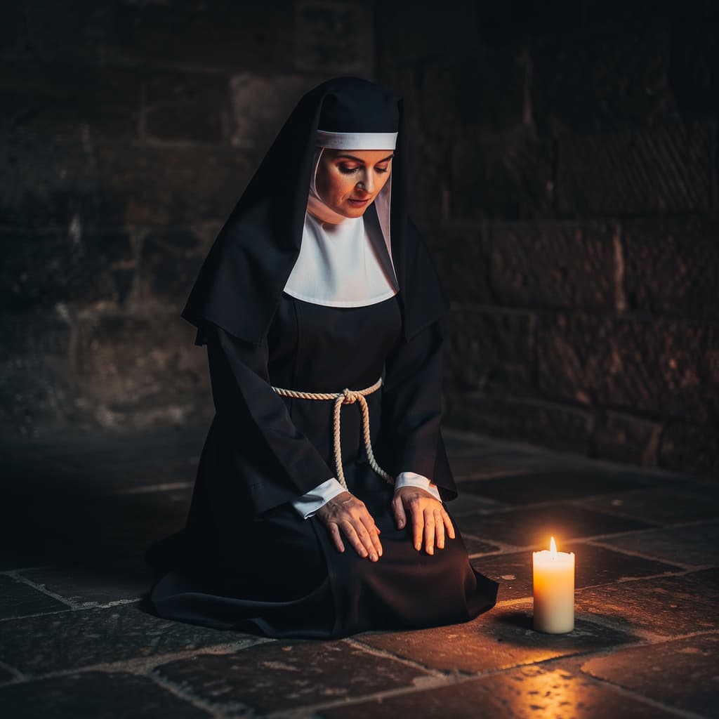 AI generated: A dramatic, dark, and moody portrayal of a woman dressed as a nun, kneeling in a dimly lit, stone-wa...