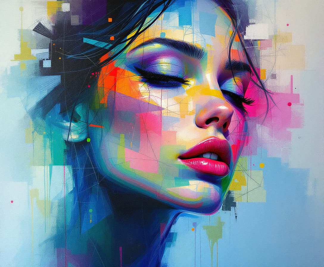 AI generated: an painting on the canvas of a woman in colorful tones, in the style of martin ansin, cracked, seren...