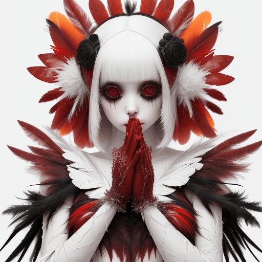 AI generated: the woman's hands are covered with feathers, in the style of nightmarish creatures, white and crimso...