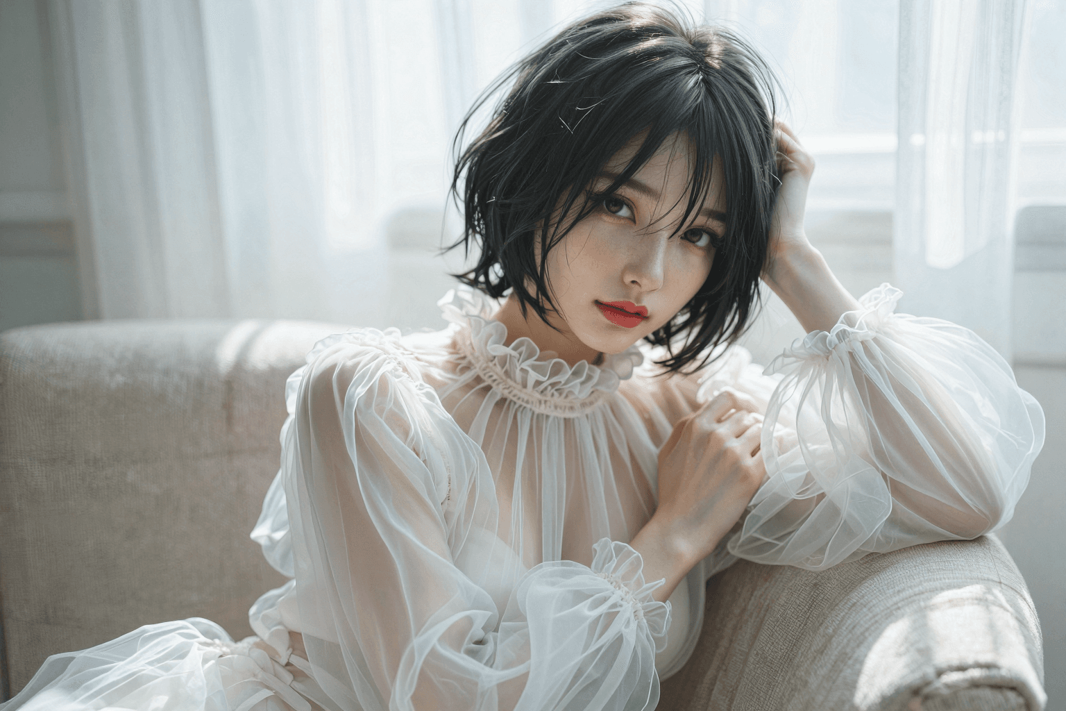 AI generated: A highly detailed, photorealistic, cinematic vertical medium shot of a stunning young East Asian wom...