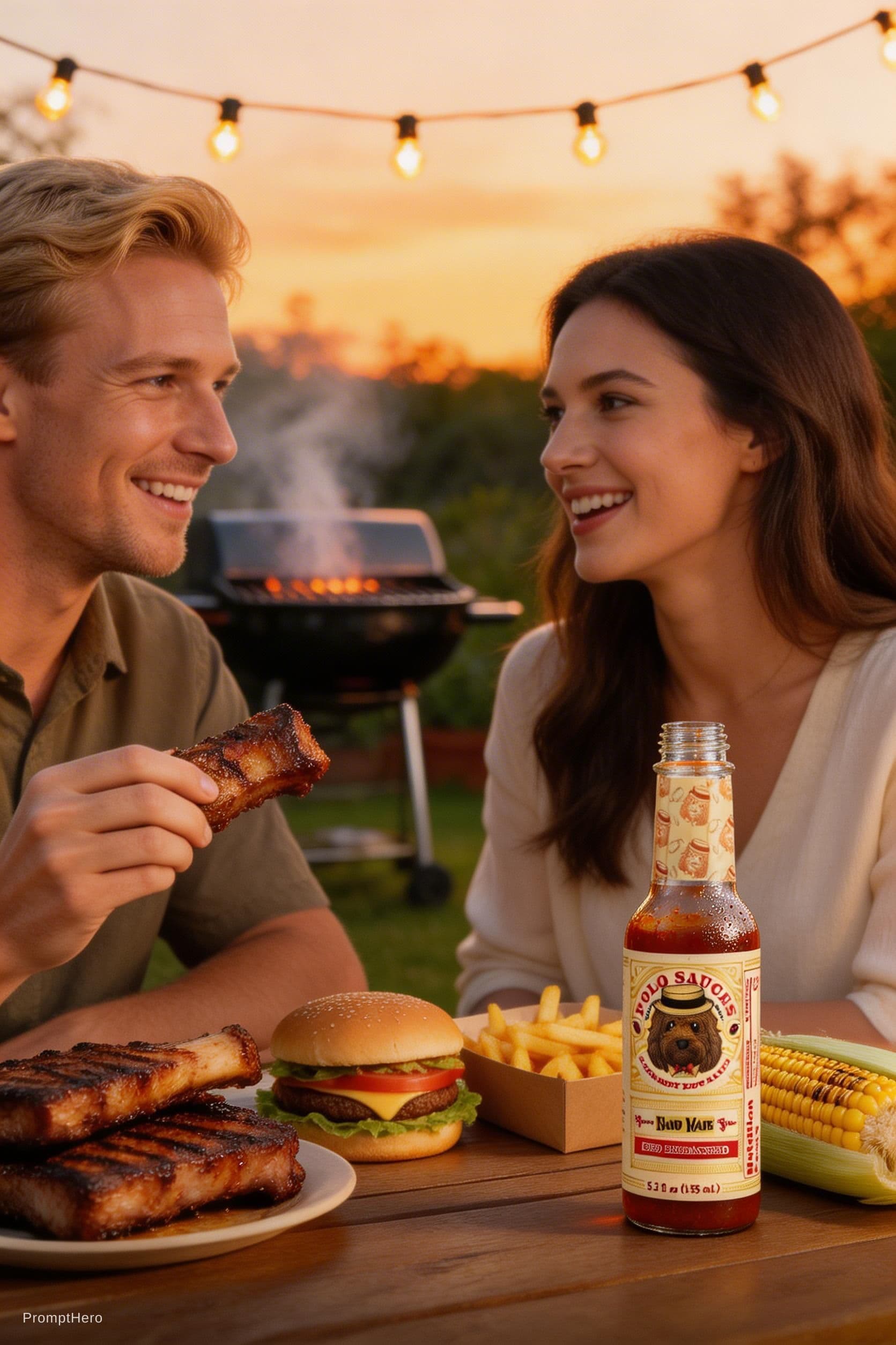 AI generated: Ultra-realistic premium lifestyle food photography of a young attractive couple enjoying a backyard ...