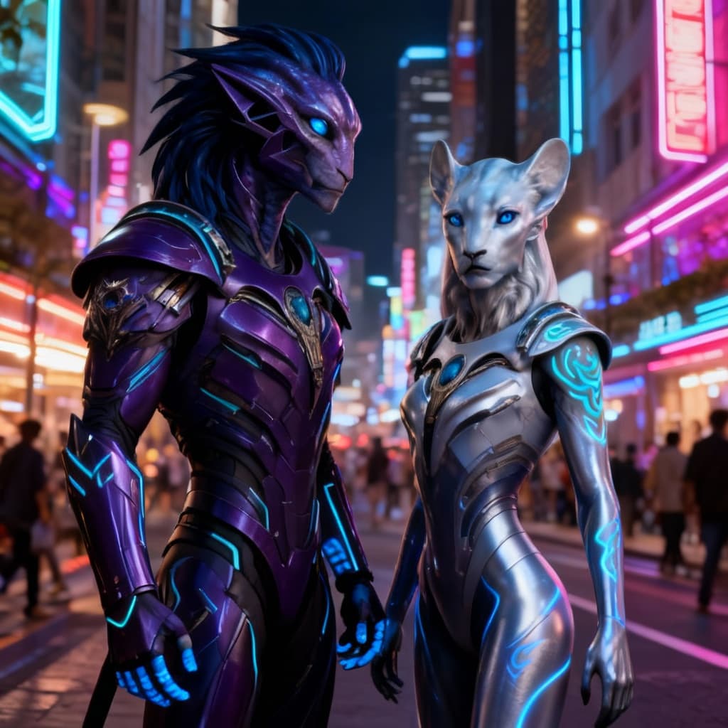 AI generated: Blend anthropomorphic to create a new anthropomorphic, alien hybrid. Give a Nightlife backdrop, and ...