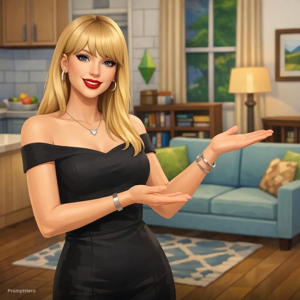 AI generated: Fictional adult woman resembling Taylor (long blonde bangs hair, eyeliner, red lips) as a 1:1 3D mod...