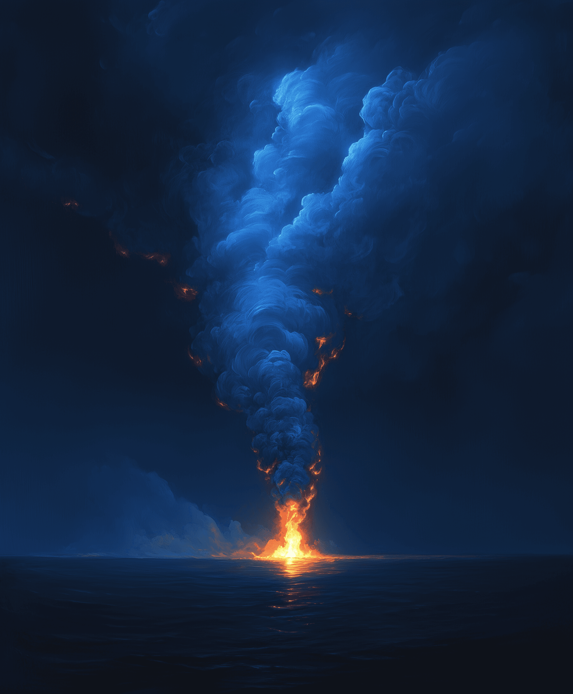 AI generated: A thick column of smoke, with the top burning, glows in blue and orange against the dark sky at dusk...