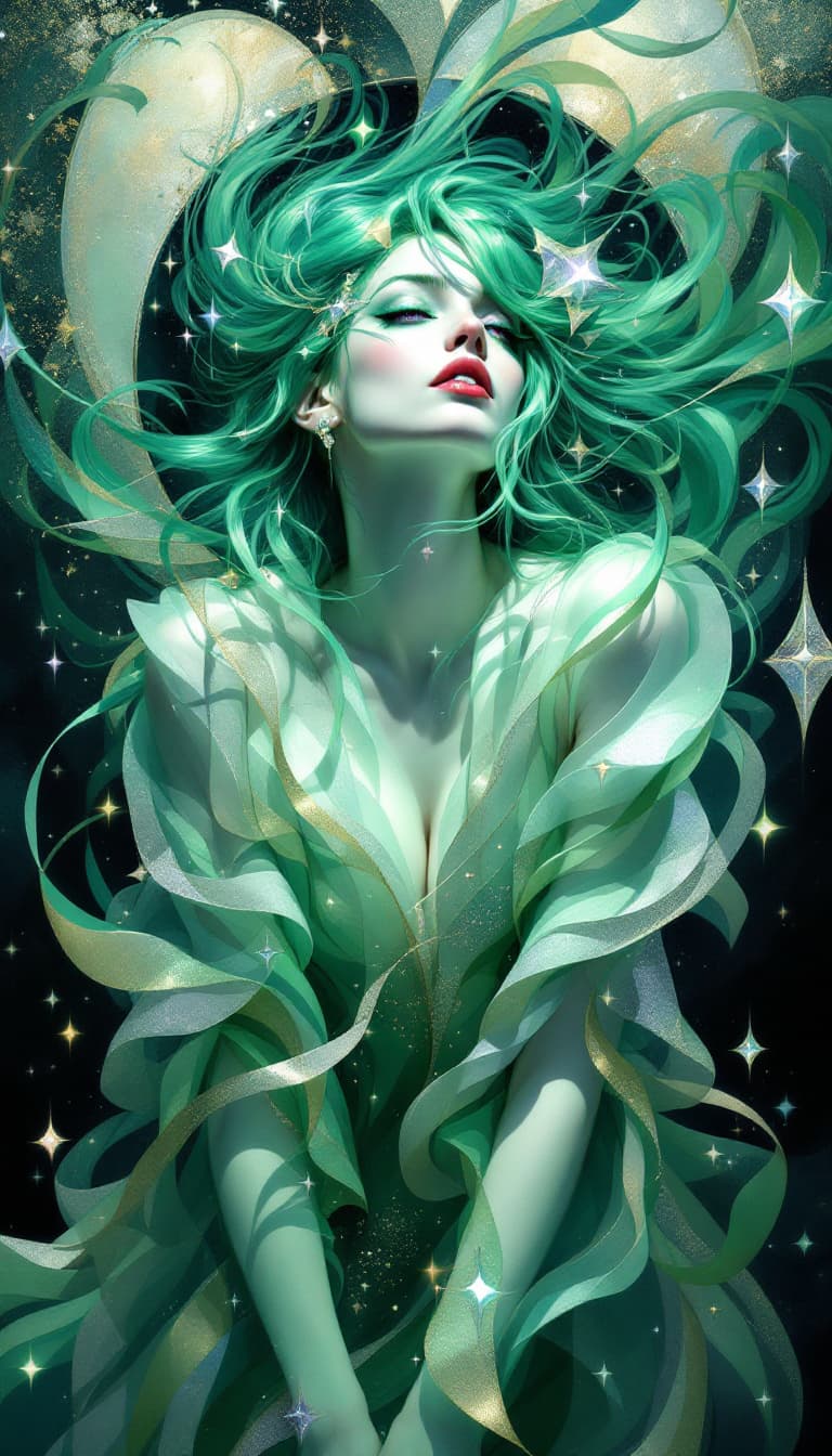 AI generated: "Jade Illusionist in a Theater of Light and Shadow": A mesmerizing abstract painting portrays an ill...