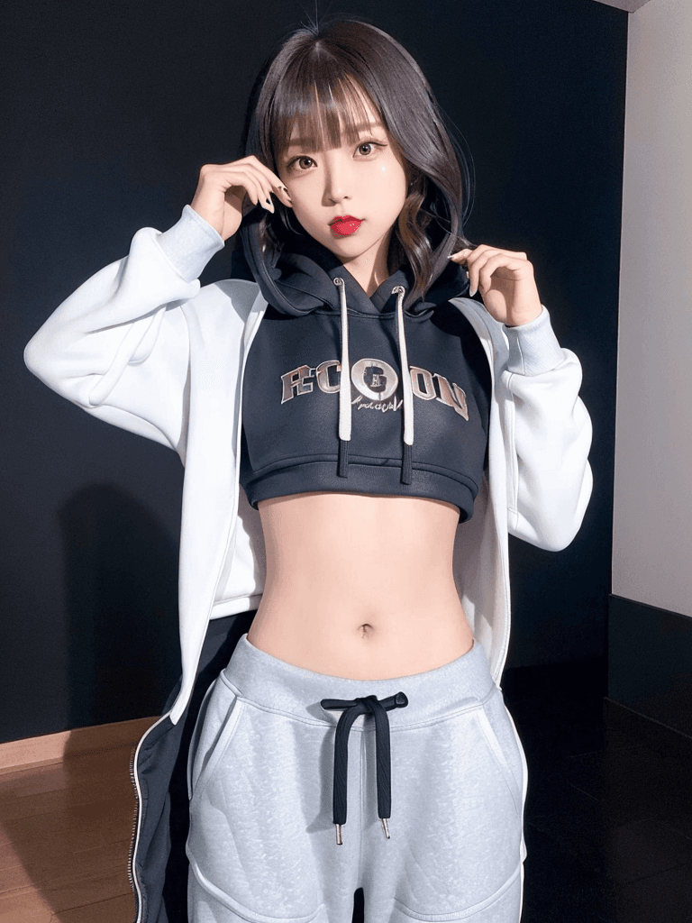 AI generated: 1 girl, beautiful Korean girl, (Cute Loose Bob hair), (wearing a cropped hoodie, capri sweatpants:1....