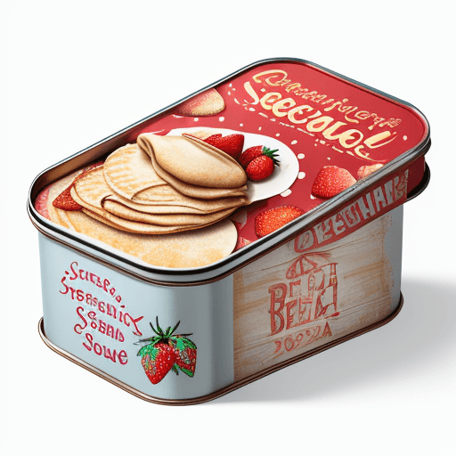 AI generated: A realistic stand-up tin product photo mockup decorated with shells and crepes and strawberries with...