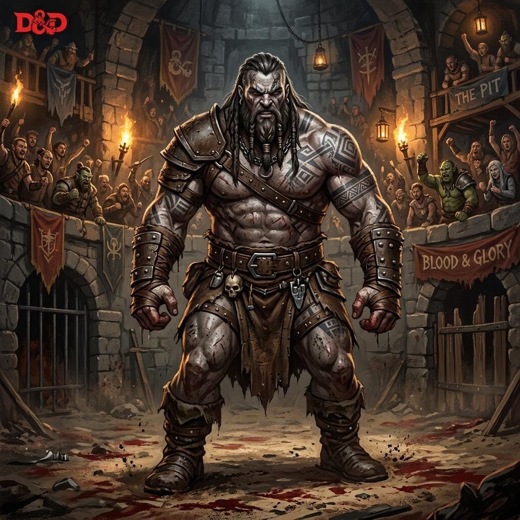 AI generated: a large male goliath wrestler, dungeons and dragons style, pit fighting arena background