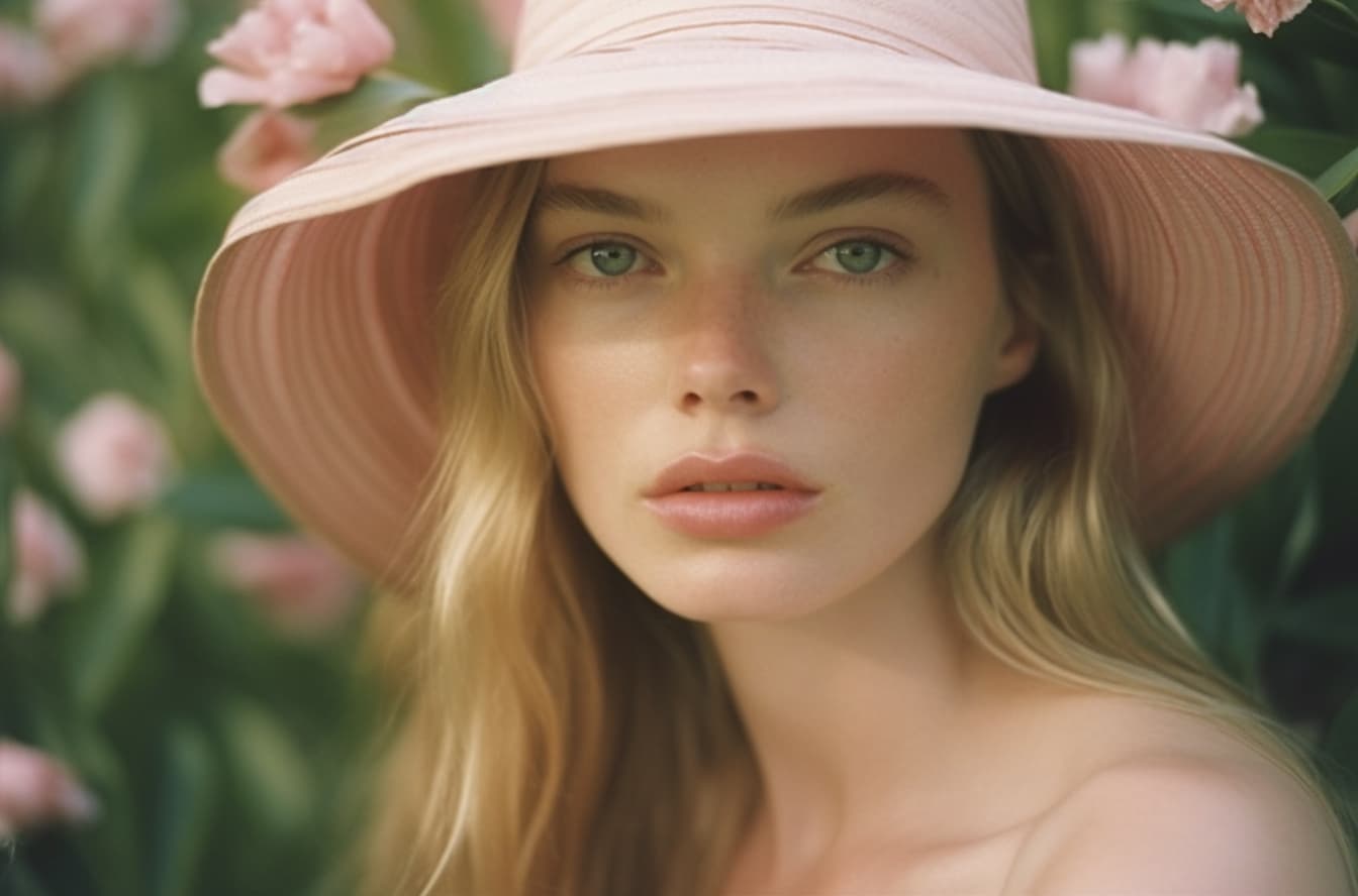 AI generated: a close up of a person wearing a hat, lush flowery outdoors, shot on anamorphic lenses, photo of a m...