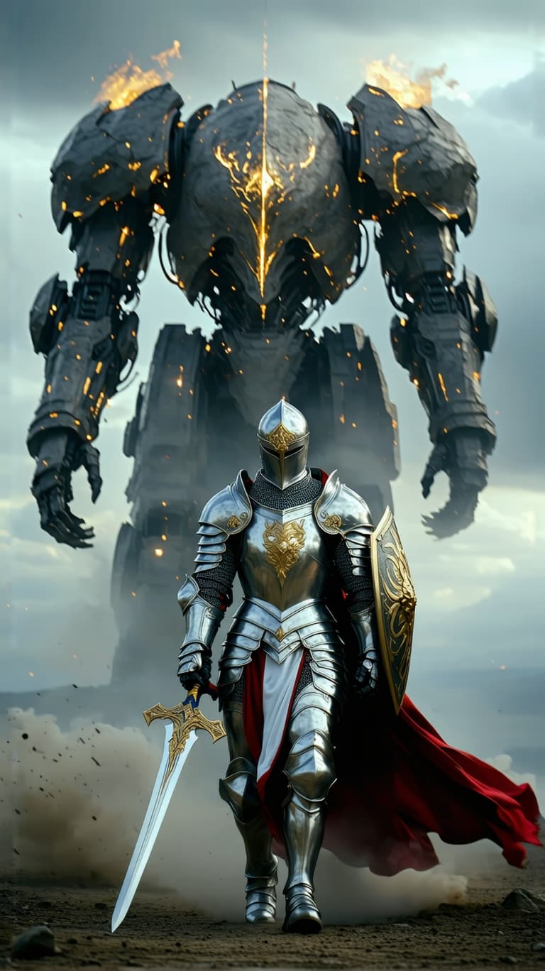 AI generated: An ultra-realistic, zoomed out, front facing, full-body portrait of a noble Paladin in gleaming silv...