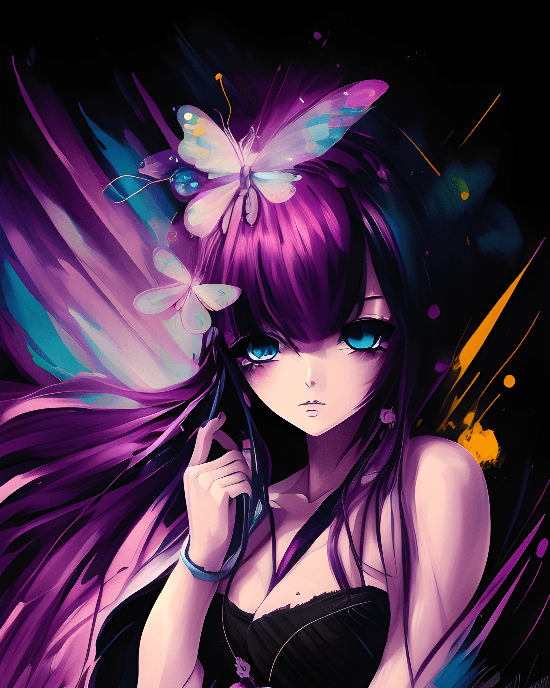 AI generated: 1girl, purple and black hair with a butterfly on it, anime styled digital art, digital anime illustr...