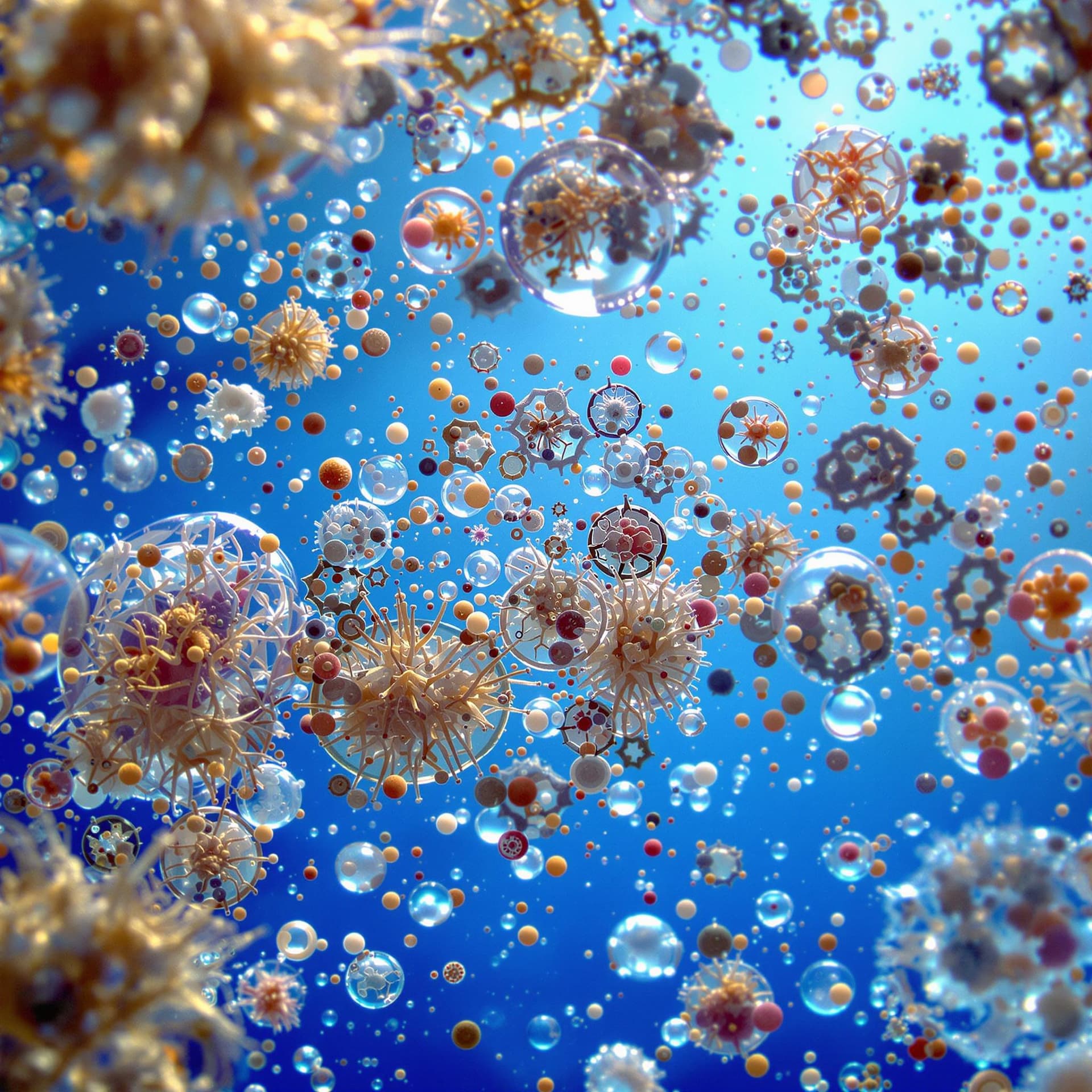 AI generated: Create a highly detailed microscopic image of seawater, capturing the tiny organisms, plankton, and ...