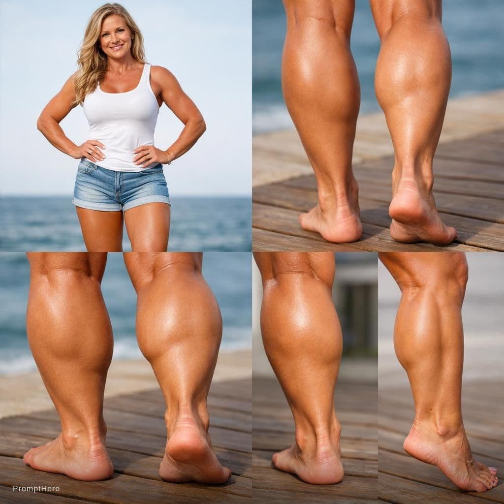 AI generated: buatifull thick calves, tanned  female muscular legs and pedicured bare feet photorealistic full bod...