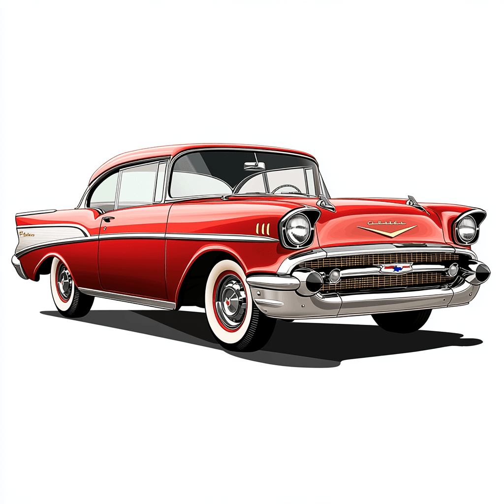 AI generated: detailed vintage 1957 Chevrolet Bel Air clipart, isolated on a white background,
showcasing its cla...