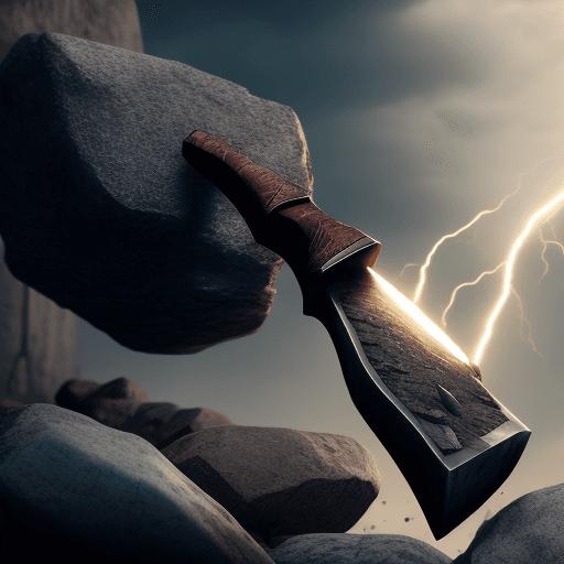 AI generated: Photo of a ultra realistic axe stuck in stone and lightning coming out of stone, dramatic light, cin...