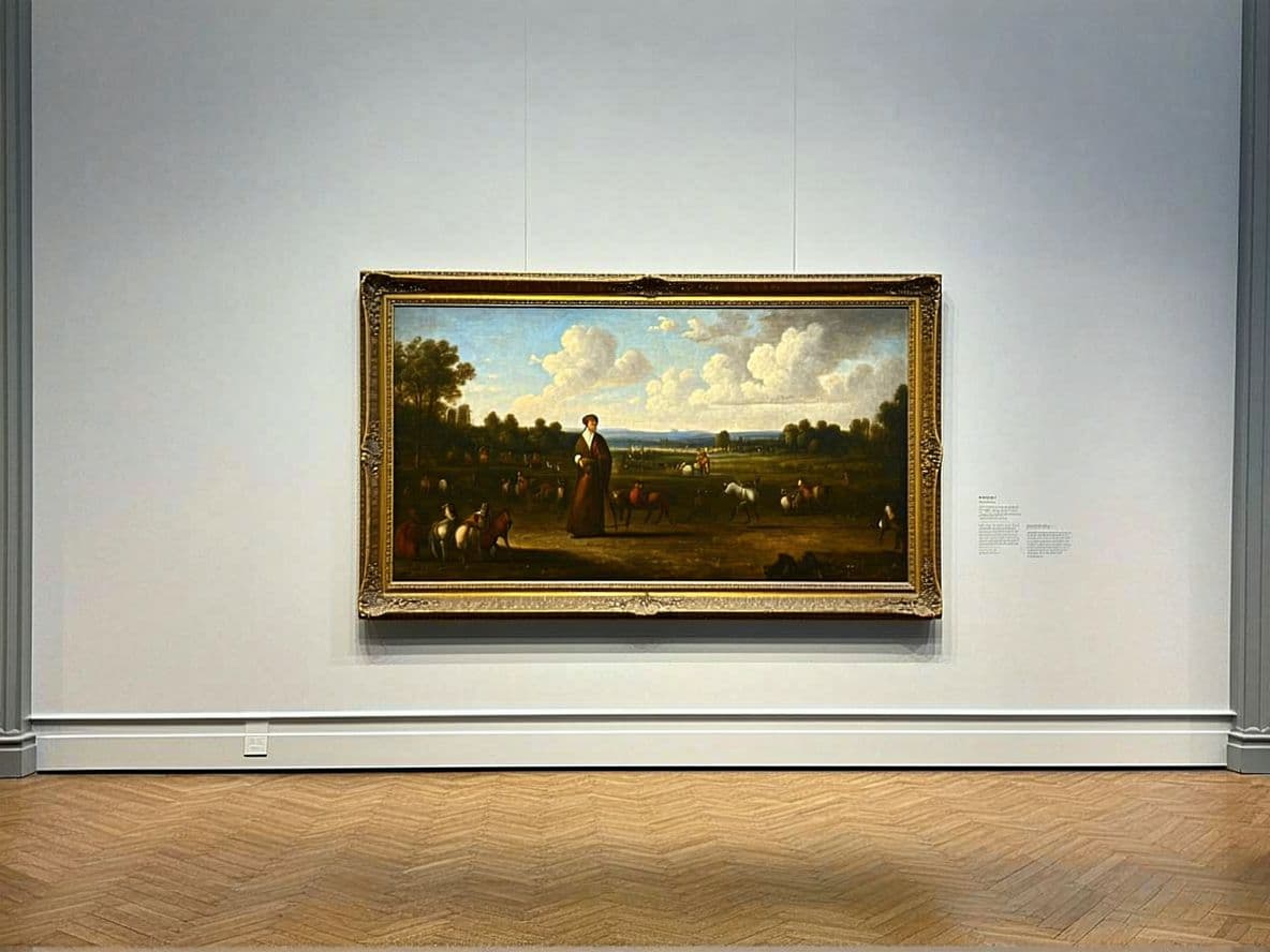 AI generated: in a painting by Joe Menghini we see a painting, in a museum, of itself hanging on the wall, looking...