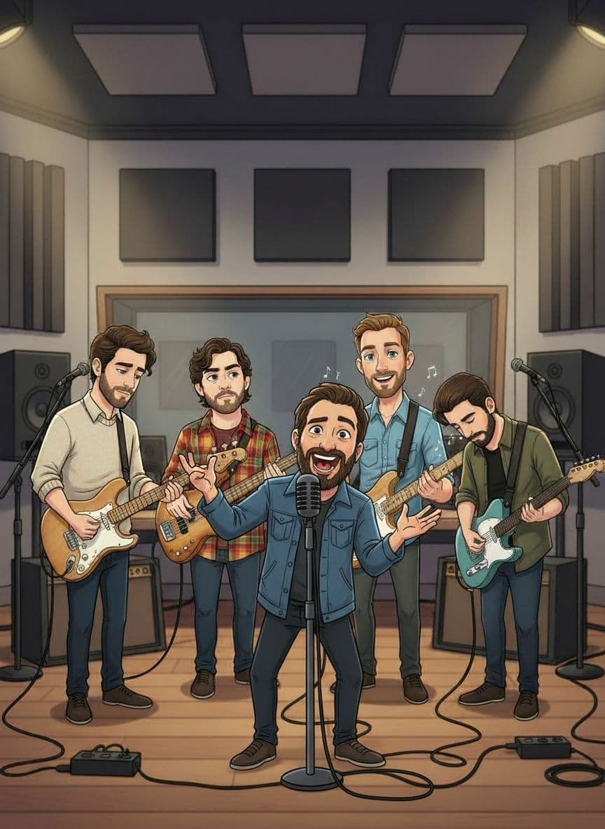 AI generated: "Add the new character from the input image to the existing group illustration as the LEAD SINGER.
...