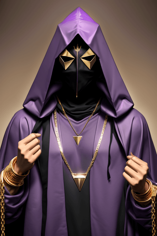 AI generated: Man in purple cloak hood, one big triangle mask, gold chains and jewellery. Invisible face