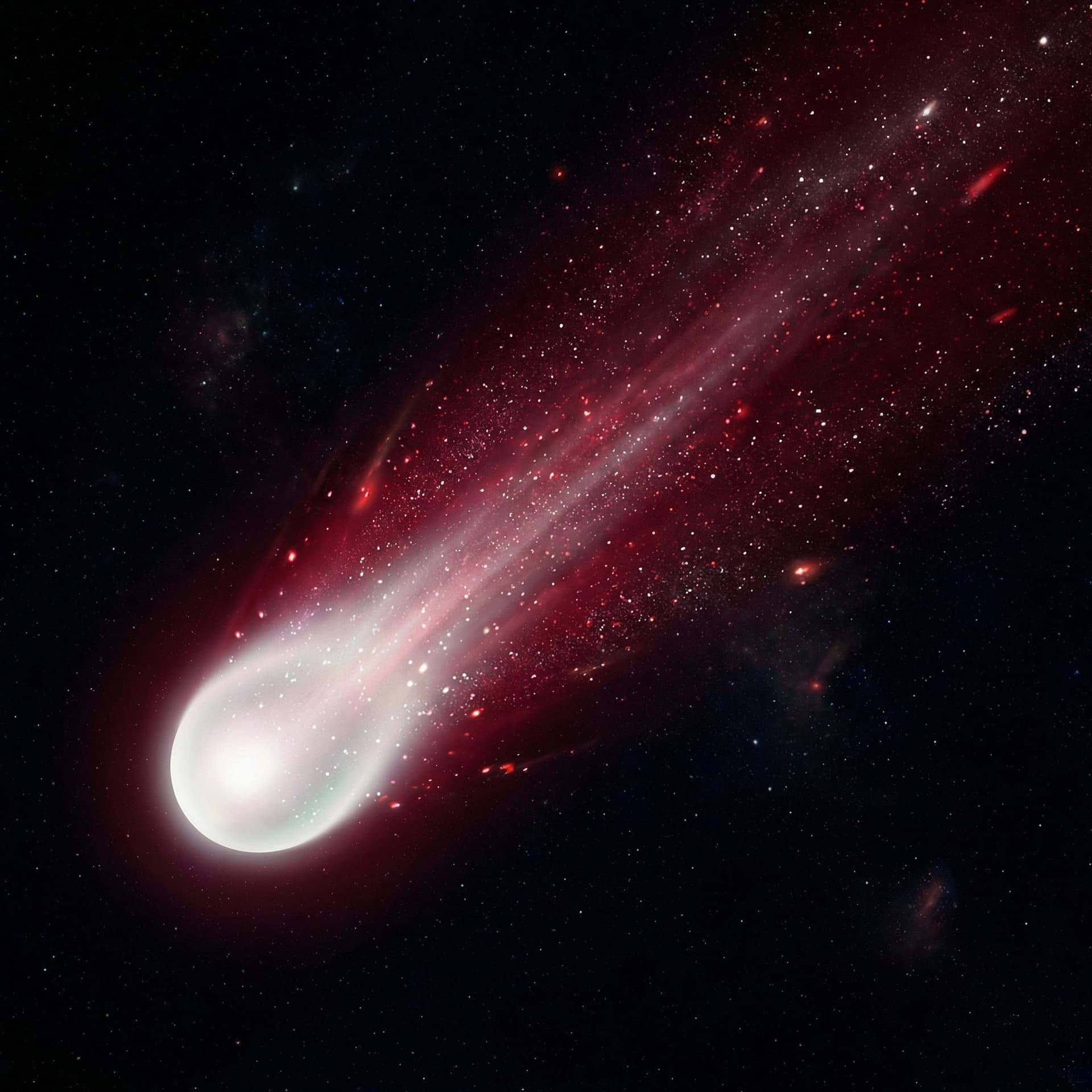 AI generated: a pearl white comet with a long blood red tail with white and red sparkles sprinkling off of it in t...