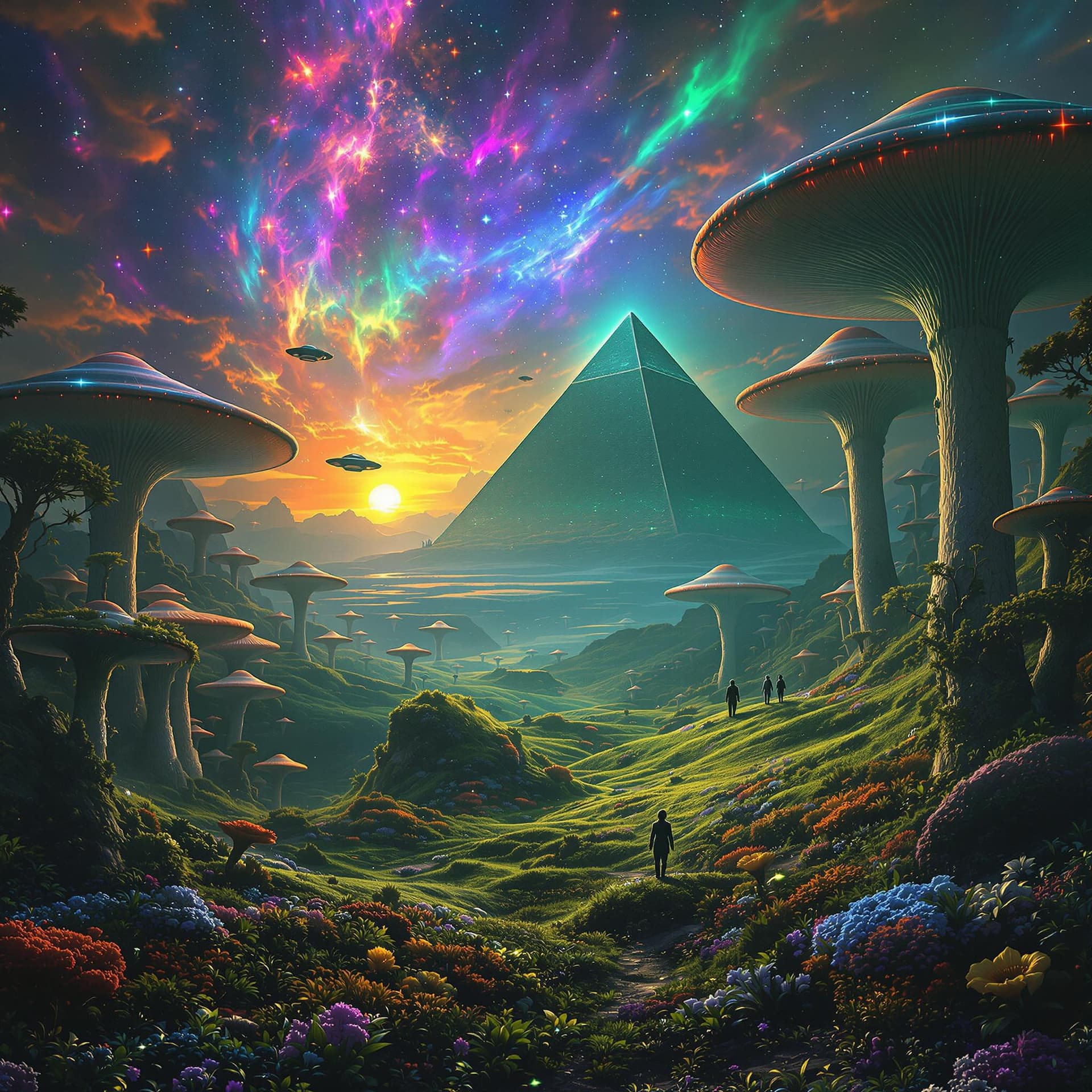 AI generated: Fantasy landscape, dynamic lights, flying saucers, Pyramids, glowing emerald, nebulas, sunset, , 8k ...