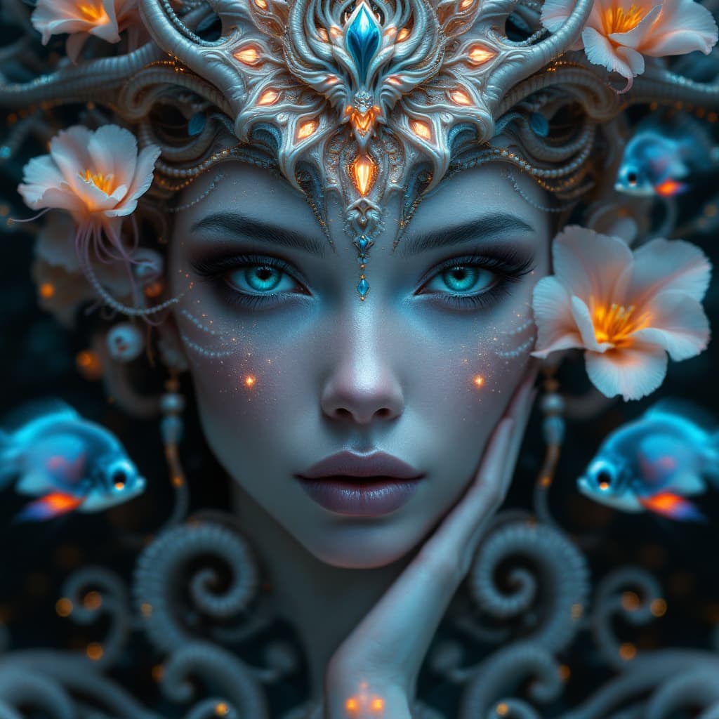 AI generated: Goddess close-up portrait ribcagel. jellyfish phoenix head, nautilus, orchid, skull, betta fish, bio...