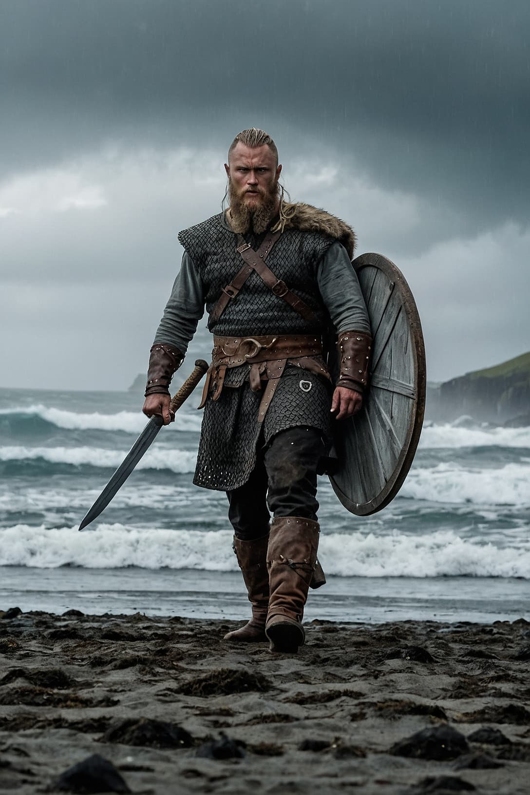 AI generated: Create an epic full body image of the Viking Ragnar Lothbrok,Travis Fimmel , looks angry with a swor...