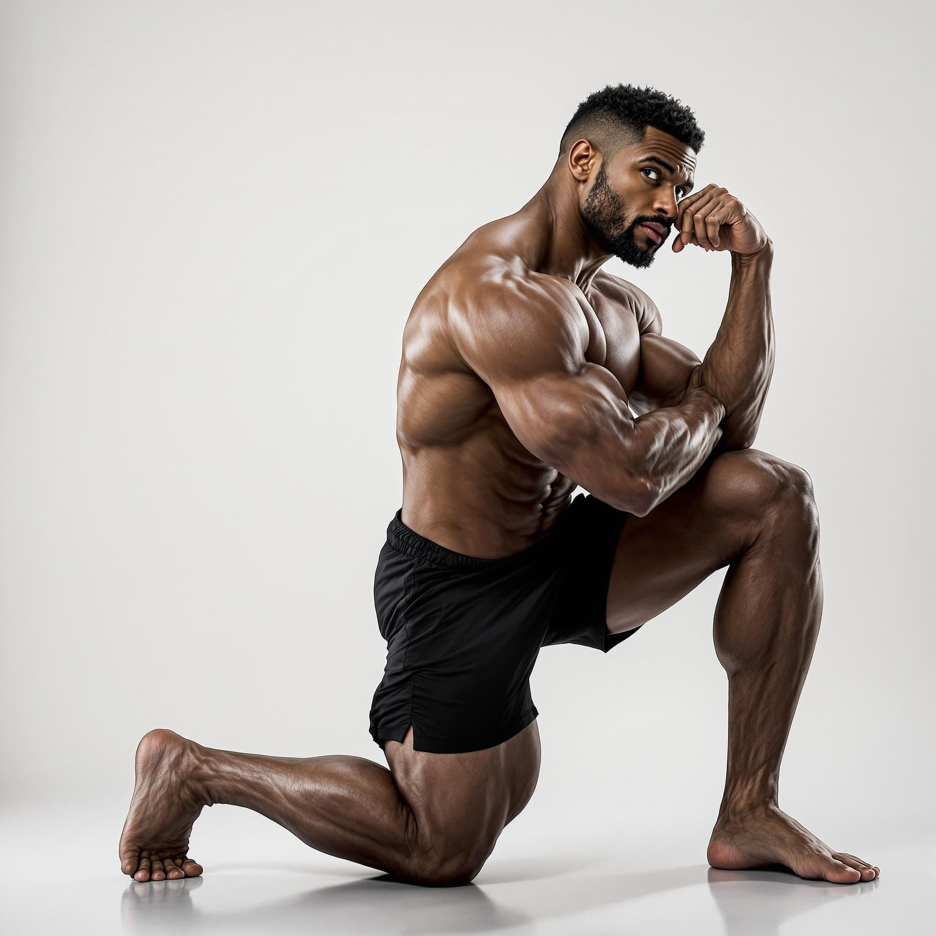 AI generated: side view of bodybuilder kneeling in pose while looking at the camera