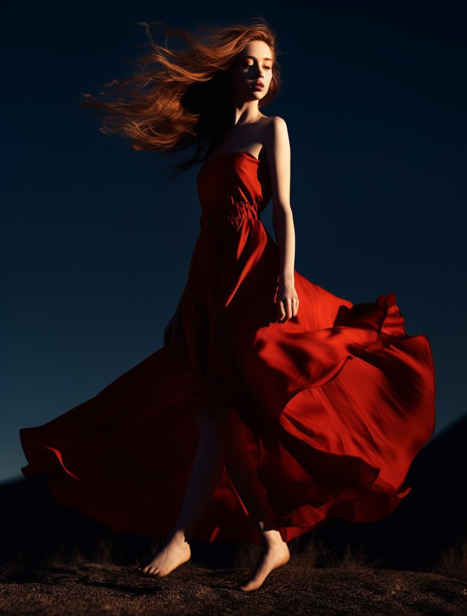 AI generated: full body photo head-to-toe of a beautiful red headed kristine froseth, walking in high heels, hair ...