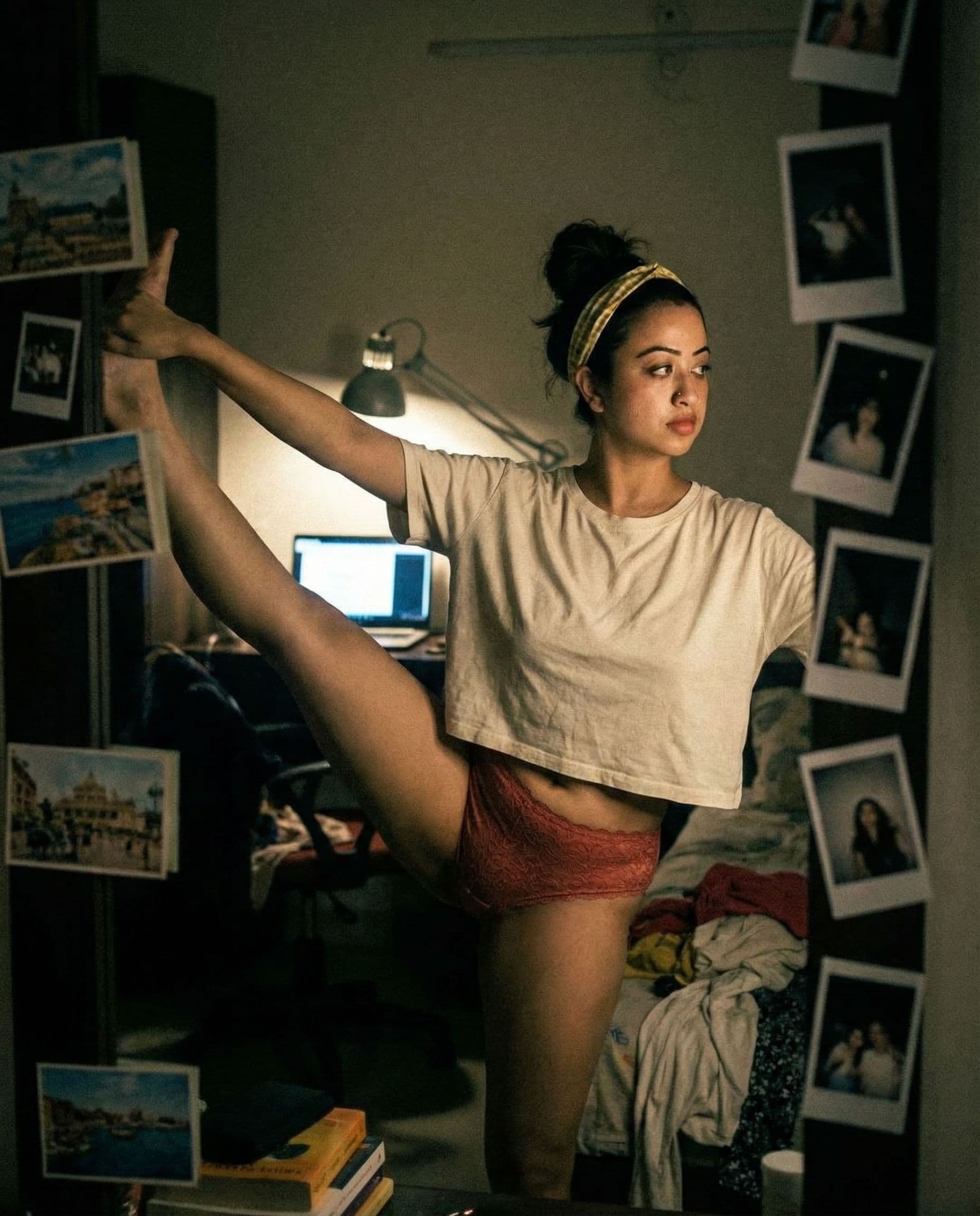 AI generated: Creat a A lifelike, dimly lit mirror selfie of a girl(from uploaded picture)standing with long legs ...