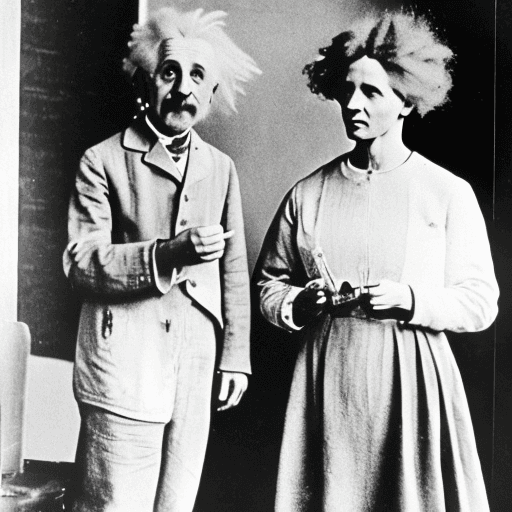 AI generated: Albert Einstein with Marie Curie doing experiments