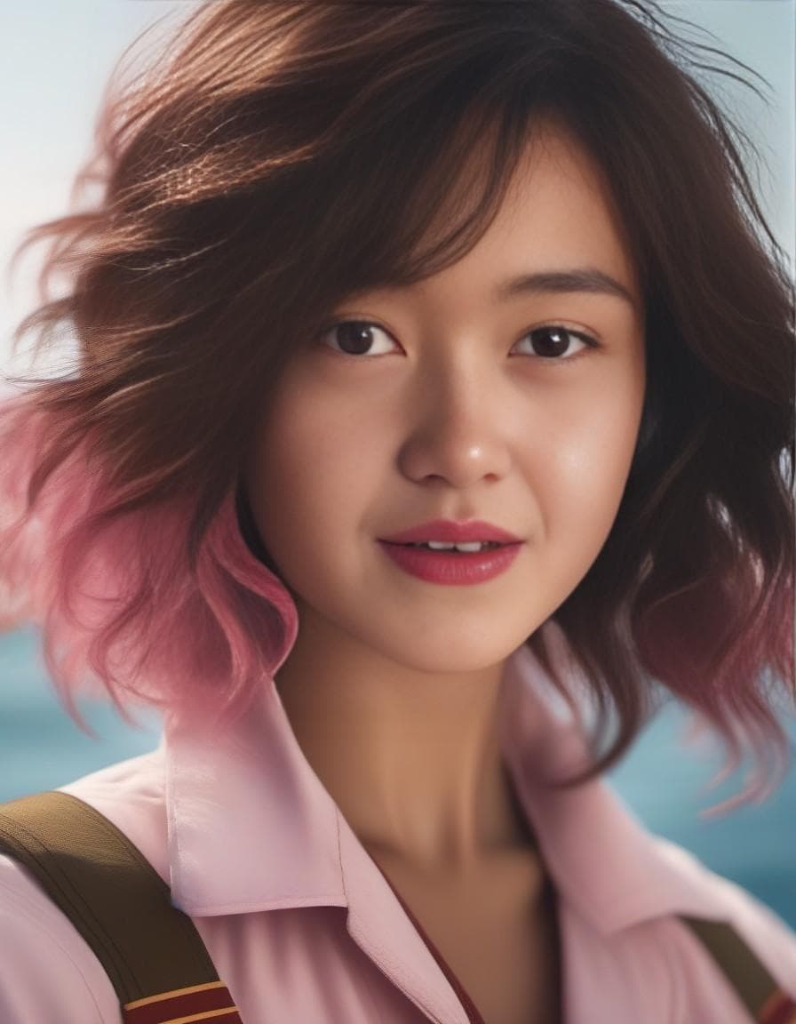 AI generated: A photo of a female sailor aboard a ship enjoying the seabreeze, medium wavy pink hair, sunny, Teres...