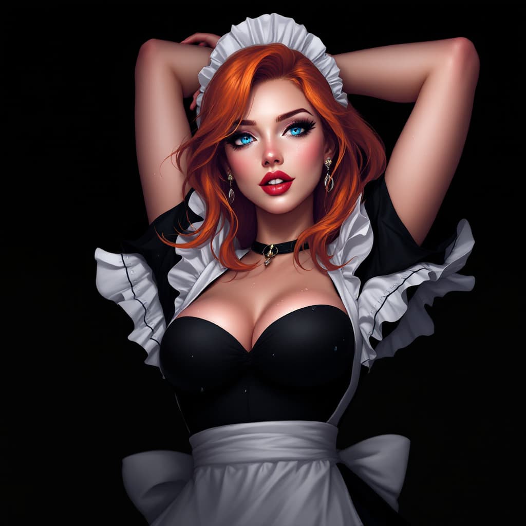 AI generated: A digitally rendered artwork of a woman in a maid outfit, featuring a black dress with a white apron...