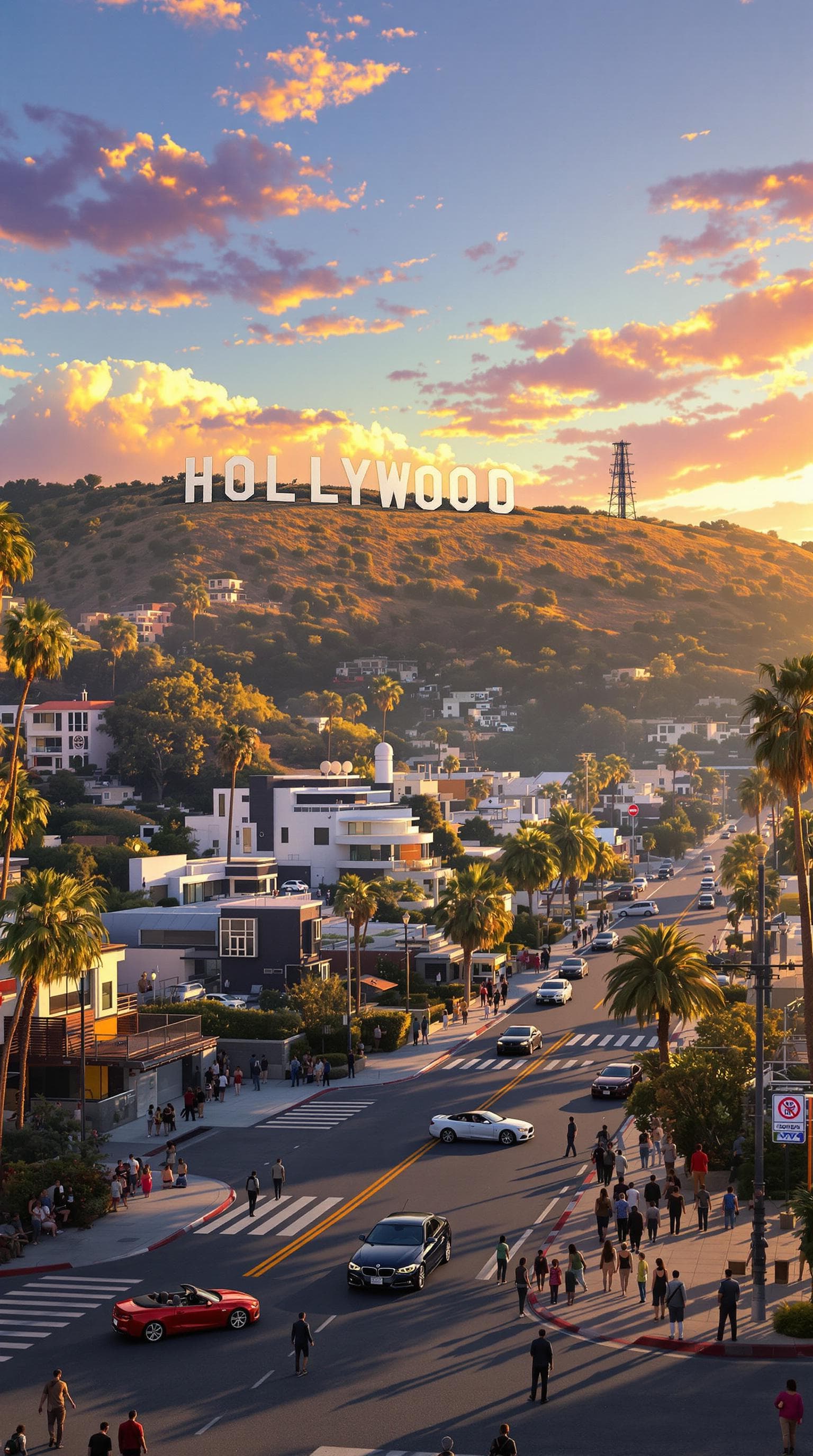AI generated: A hyper-realistic establishing shot of Hollywoo inspired by BoJack Horseman; iconic hillside sign mi...